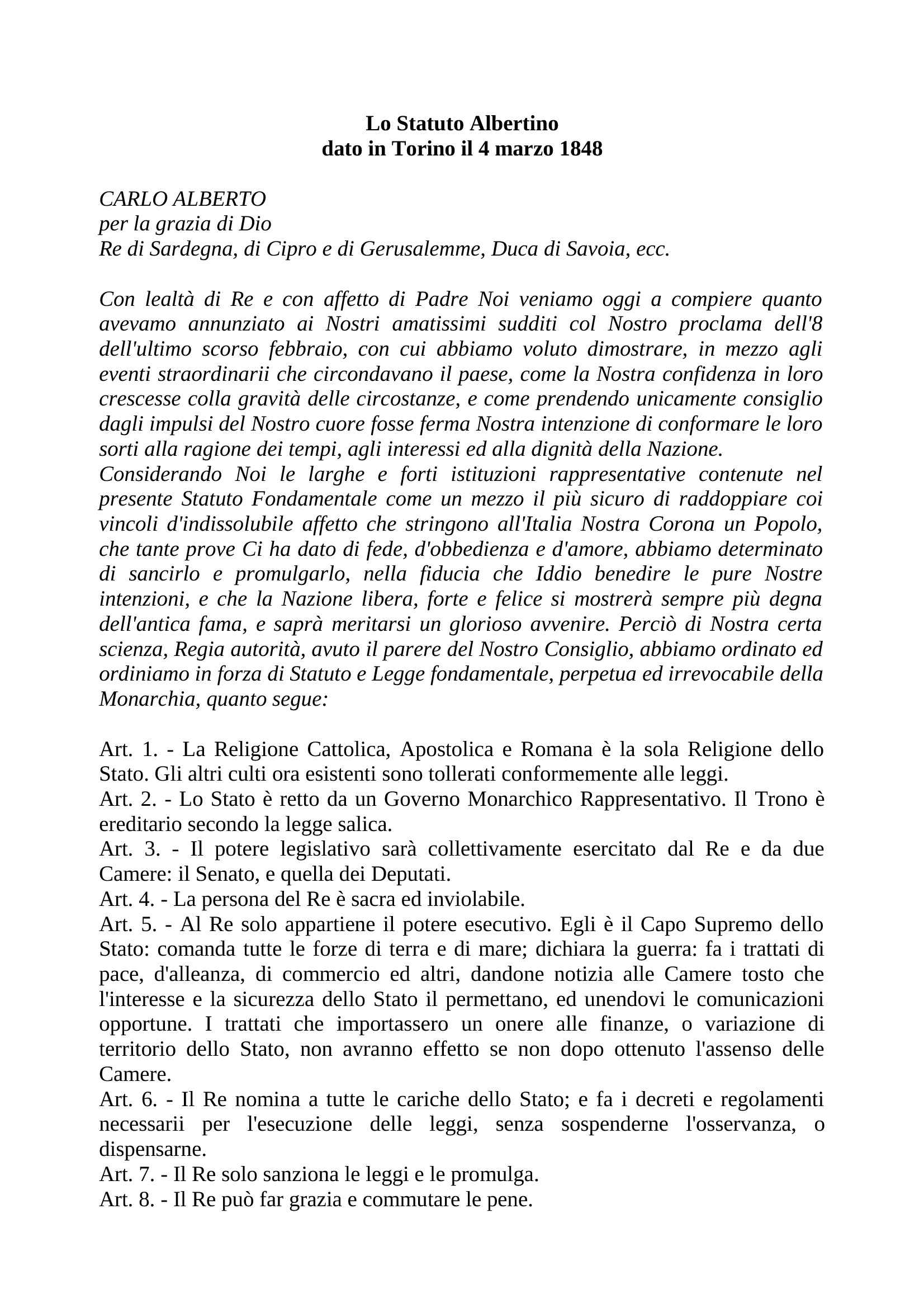 Schema statuto albertino e costituzione