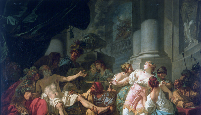 Il dipinto rappresenta un momento drammatico legato a Seneca, con figure classiche in un ambiente opulento e tensione emotiva.