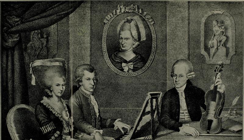 Un'immagine storica che ritrae Mozart e altri musicisti, in un contesto artistico del XVIII secolo.