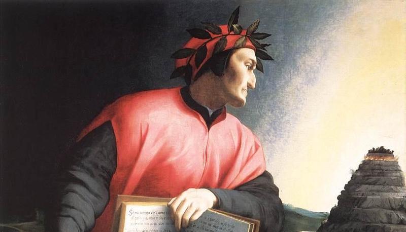 Rappresentazione di Dante Alighieri, con il poema in mano, riflette sul Canto 25 dell'Inferno, intriso di simbolismo e penitenza.