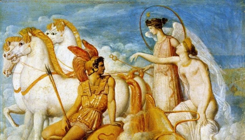 Un affresco che celebra il mito classico greco, simbolo di bellezza e rinnovamento culturale nell'800 e 900.