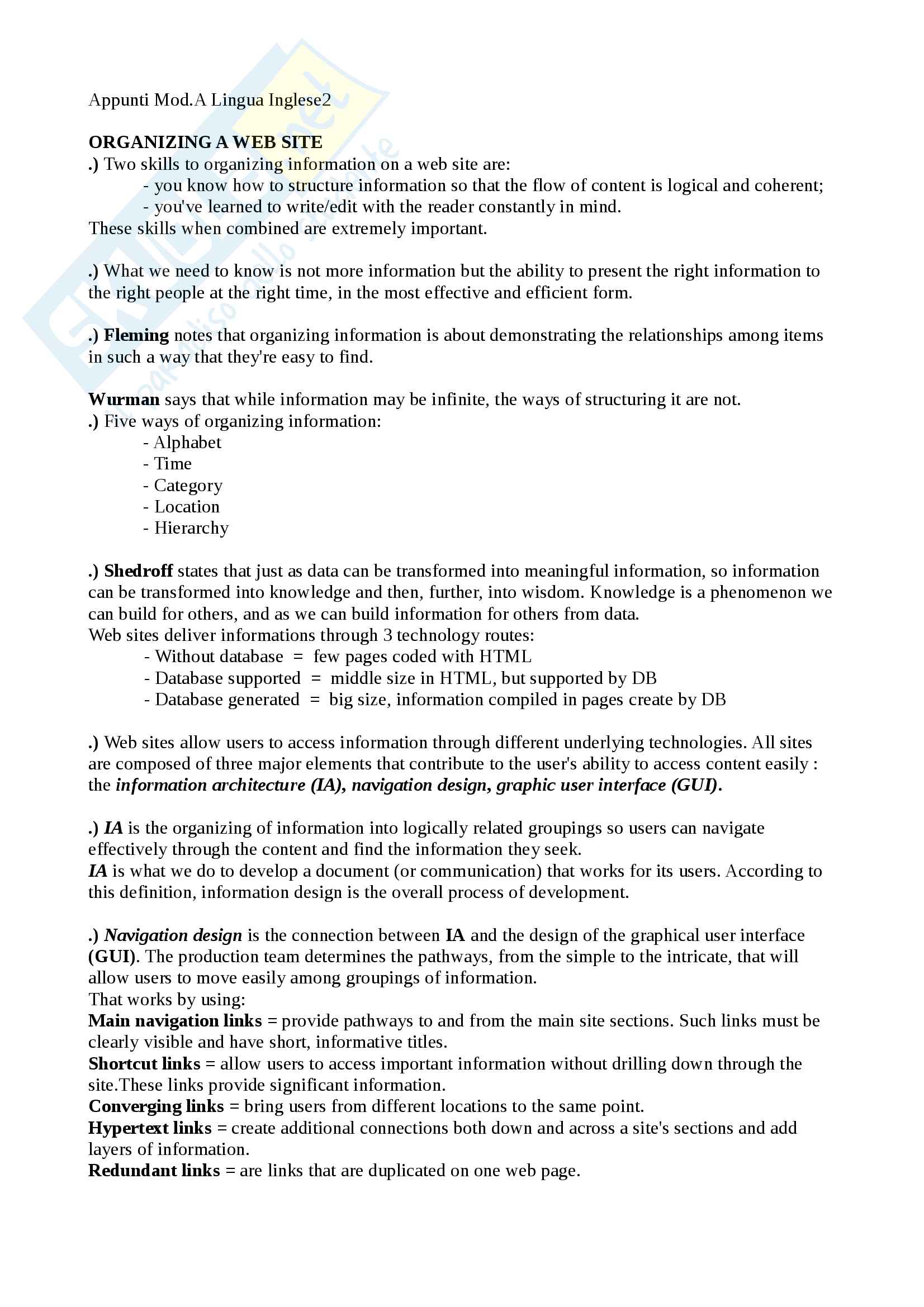 Lingua Inglese 2 - Organizing a website (Appunti) Pag. 1