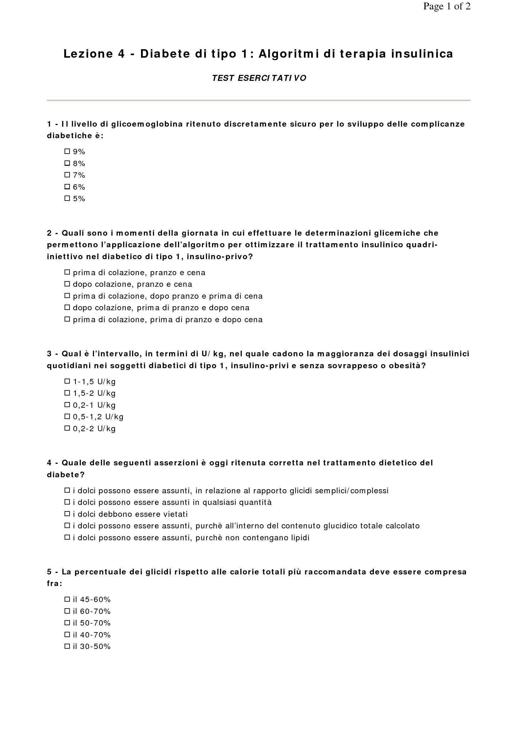 Diabete di tipo 1, algoritmi di terapia insulinica - Test Pag. 1