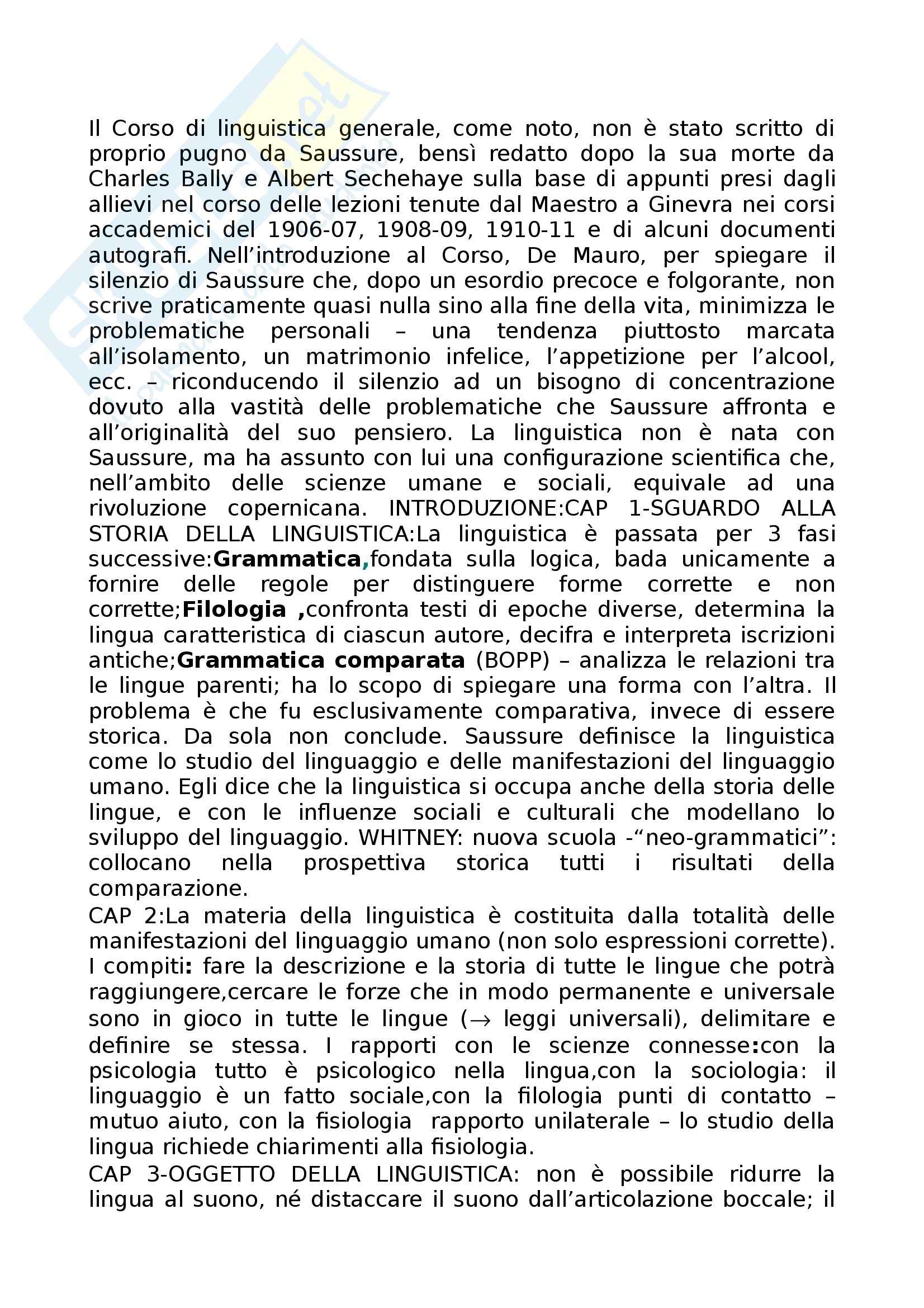 Riassunto esame Linguistica Generale, prof. Assenza, libro consigliato Corso di linguistica generale, de Saussure Pag. 1