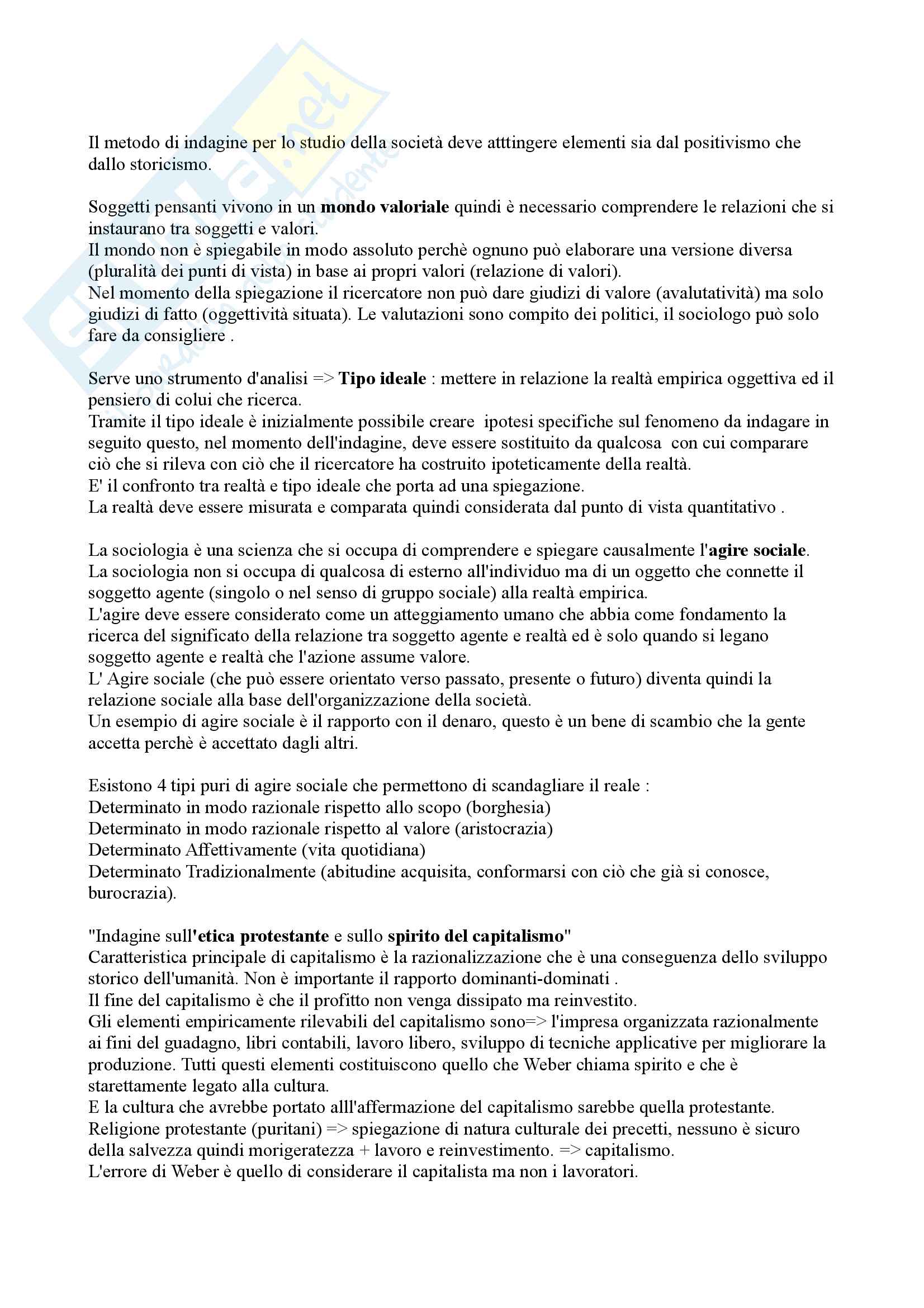 Sociologia secondo Marx,Durkheim Pareto, Tonnies, Simmel, Dilthey, Windelband, Rickert, Weber, Park, Parsons Pag. 11
