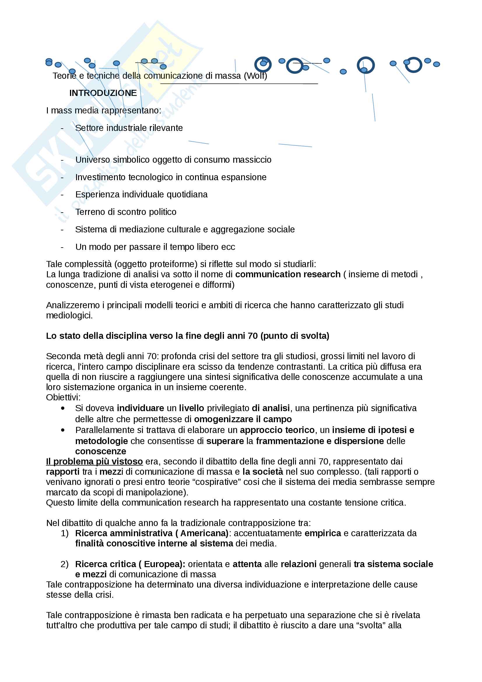 Riassunto esame sociologia della comunicazione, prof. Cepernich, libro consigliato Teorie e tecniche della comunicazione di massa, Mauro Wolf Pag. 1