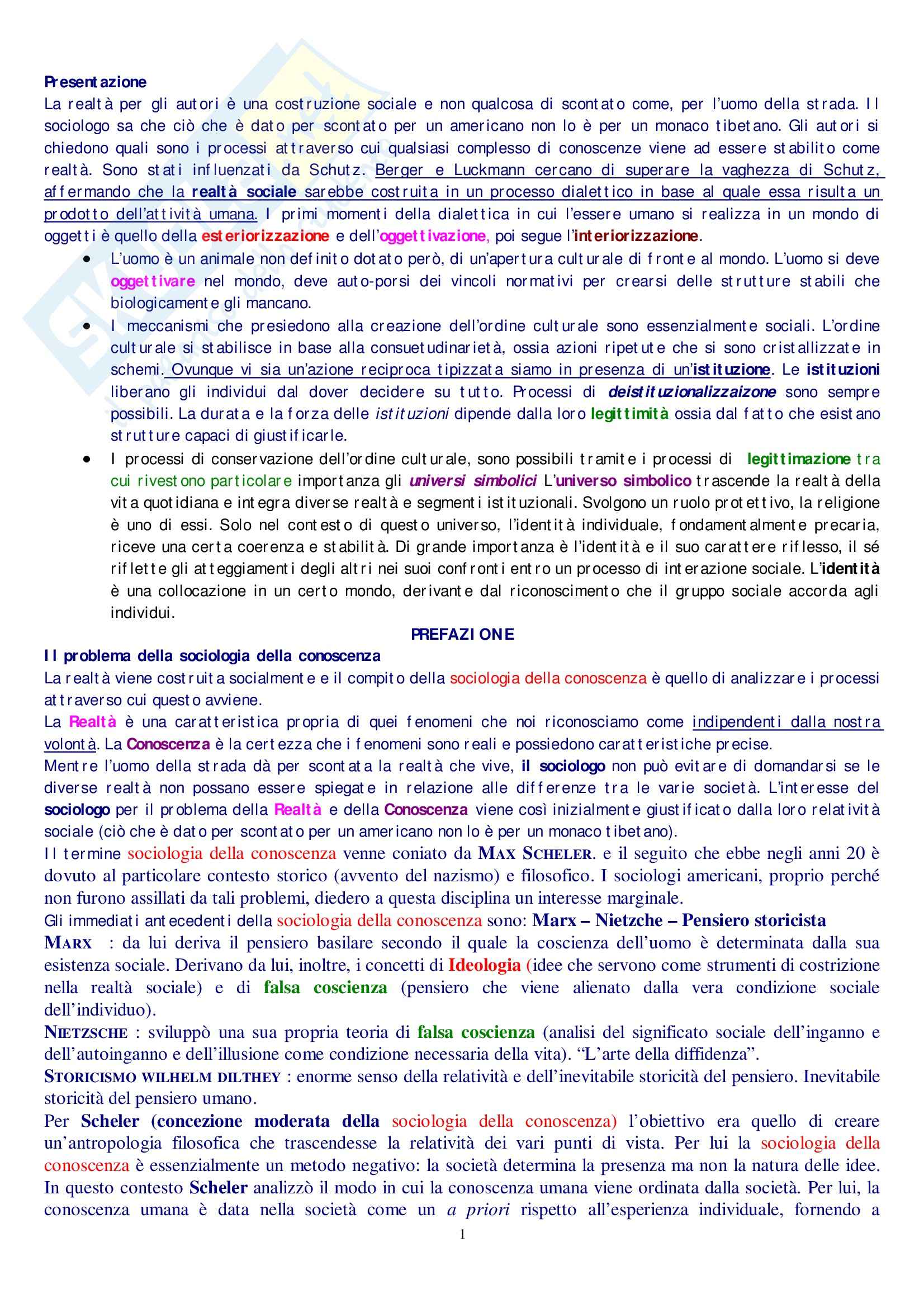 Riassunto esame Sociologia, prof. Martinelli, libro consigliato La realtà come costruzione sociale, Berger Pag. 1