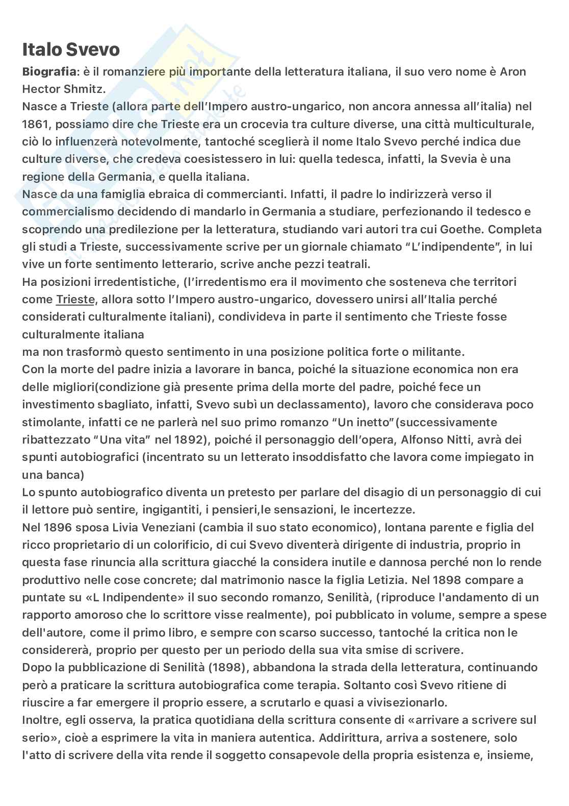 Italo Svevo: Vita, inettitudine, incontro con Freud e analisi de La Coscienza di Zeno⁠ Pag. 1