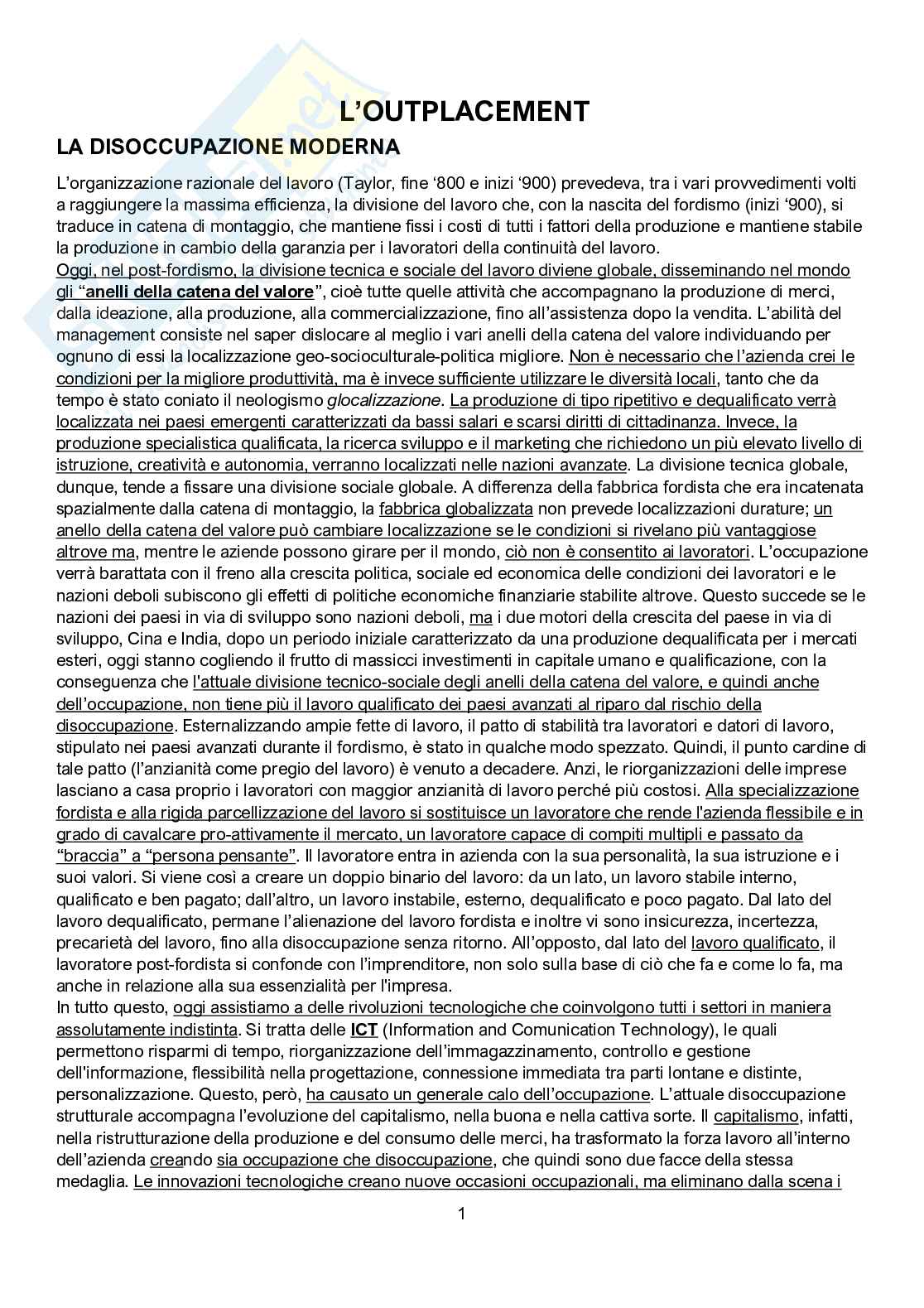 Riassunto per l'esame di Sociologia, prof. Boccato, libro consigliato "Outplacement. Psicosociologia della riqualificazione e del ricollocamento professionale", Boccato e Serra Pag. 1