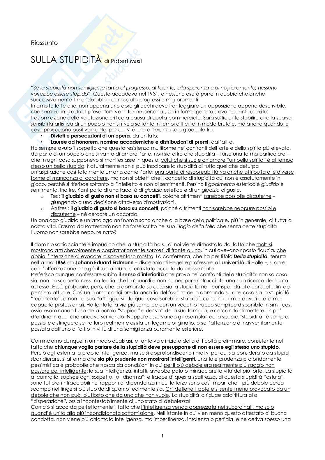 Riassunto esame Estetica della comunicazione , Prof. Dalla Vigna Pierre, libro consigliato Sulla stupidità, Robert Musil Pag. 1