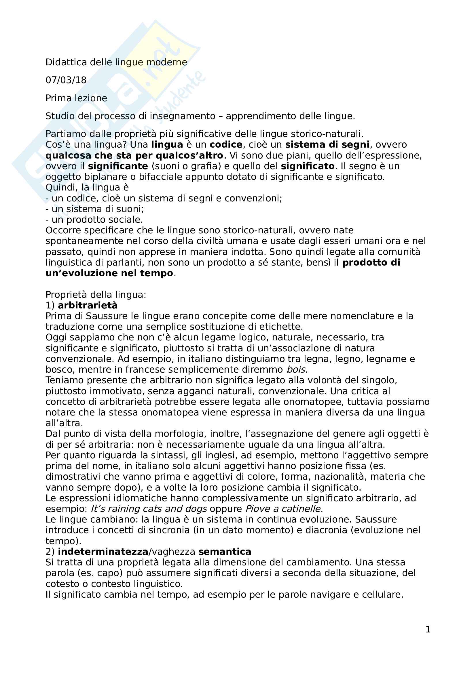 Didattica delle lingue moderne - appunti di tutte le lezioni Pag. 1