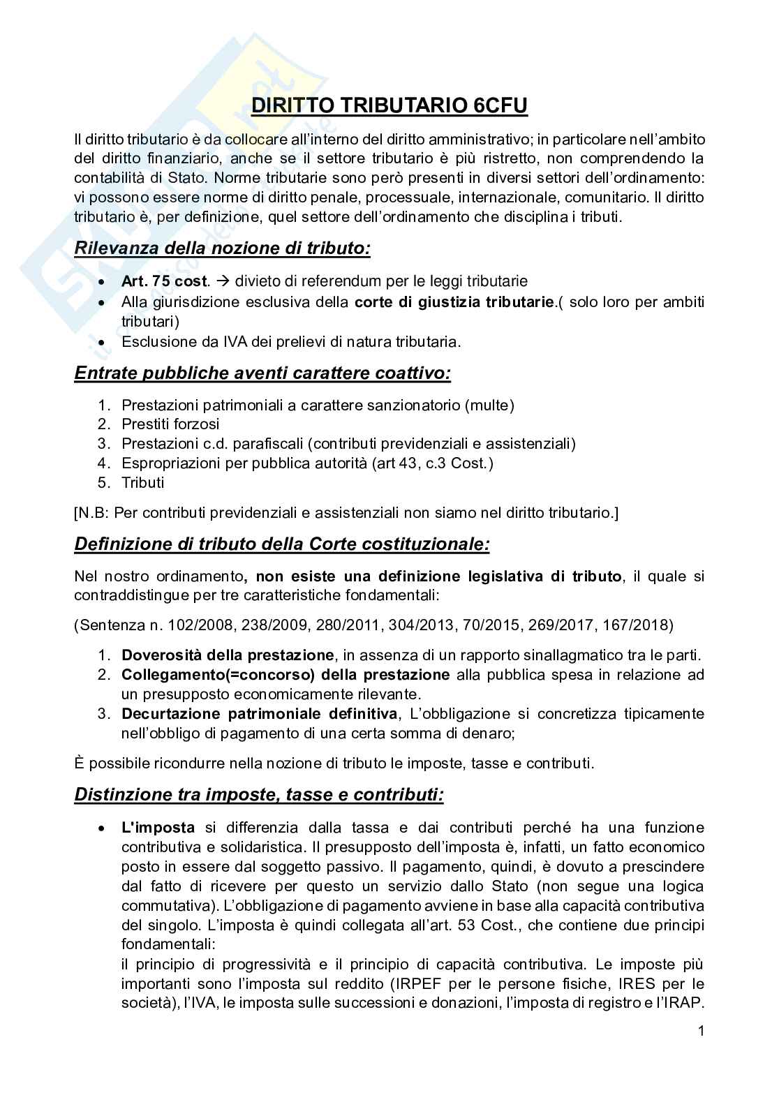 Appunti di Diritto tributario, 6 crediti Pag. 1