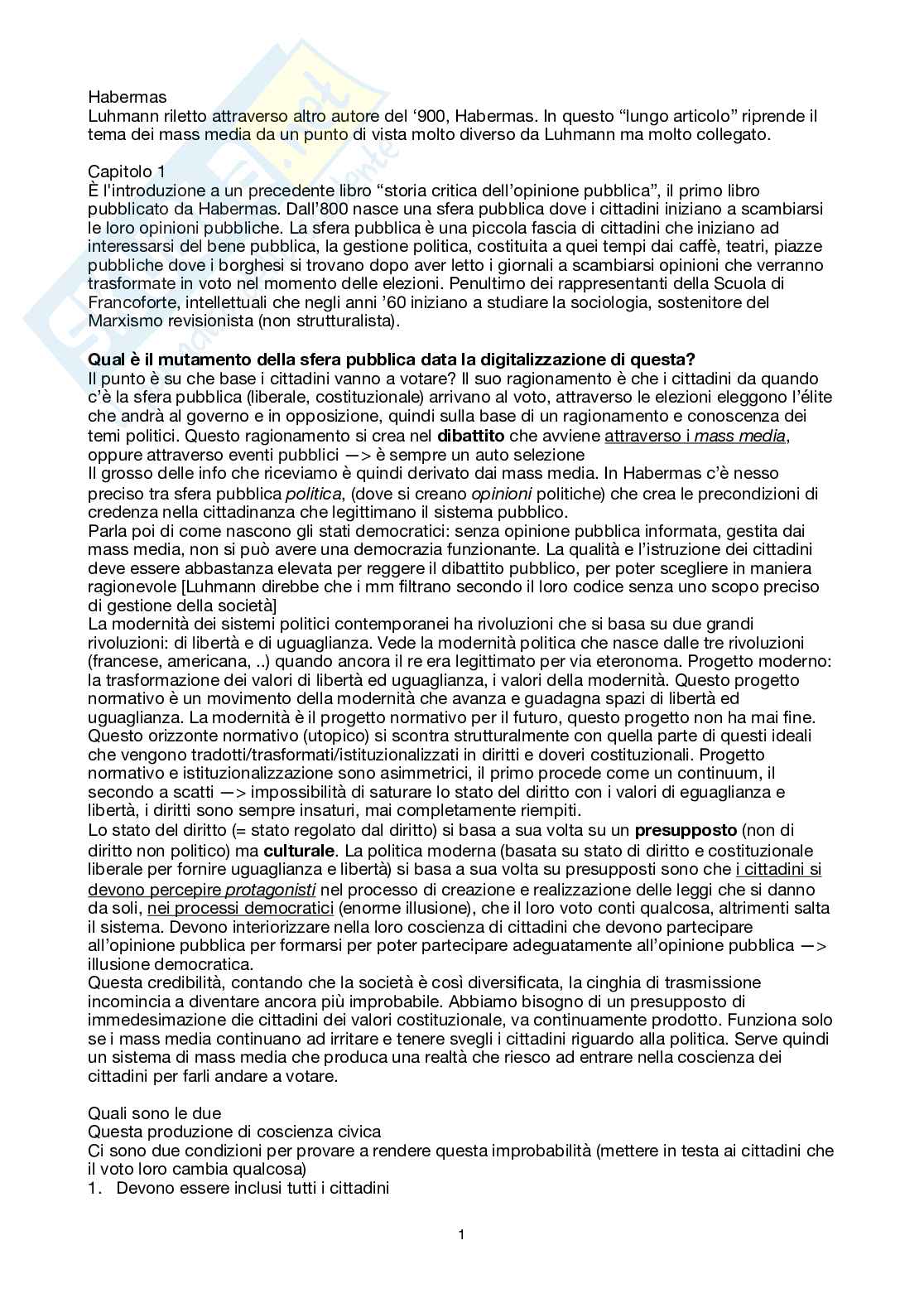 Riassunto esame Sociologia della cultura, Prof. Prandini Riccardo, libro consigliato La realtà dei mass media, Luhman Pag. 1