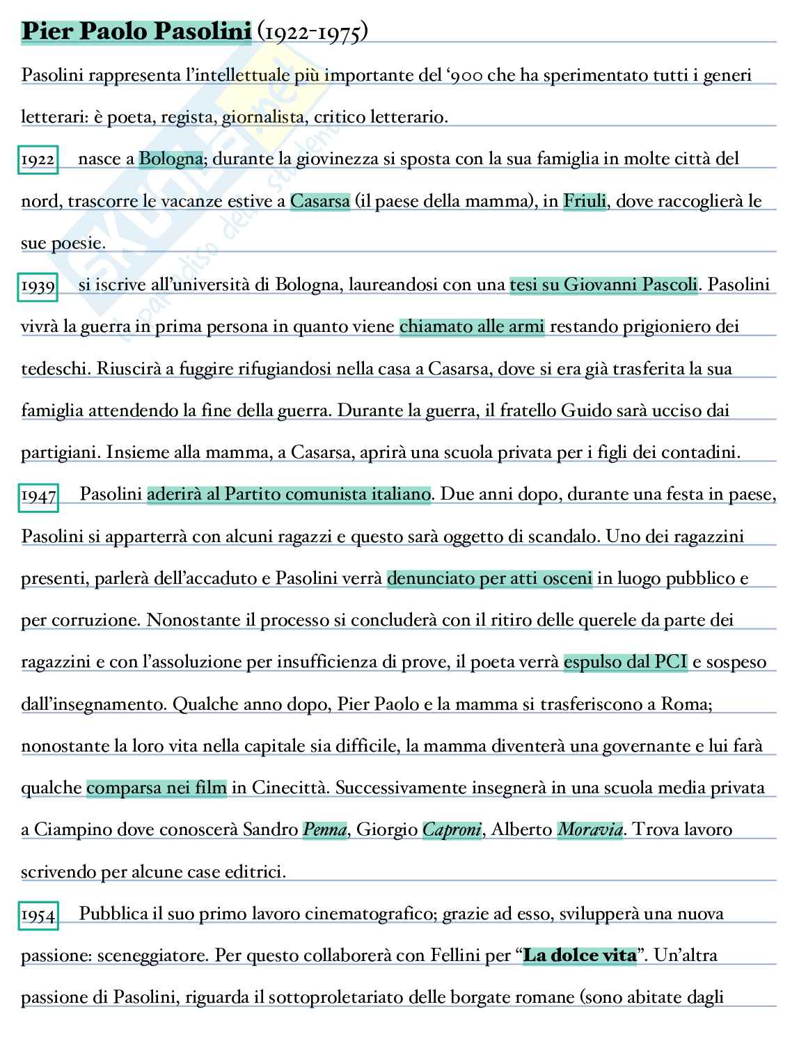 Appunti di Letteratura italiana I su Pasolini  Pag. 1