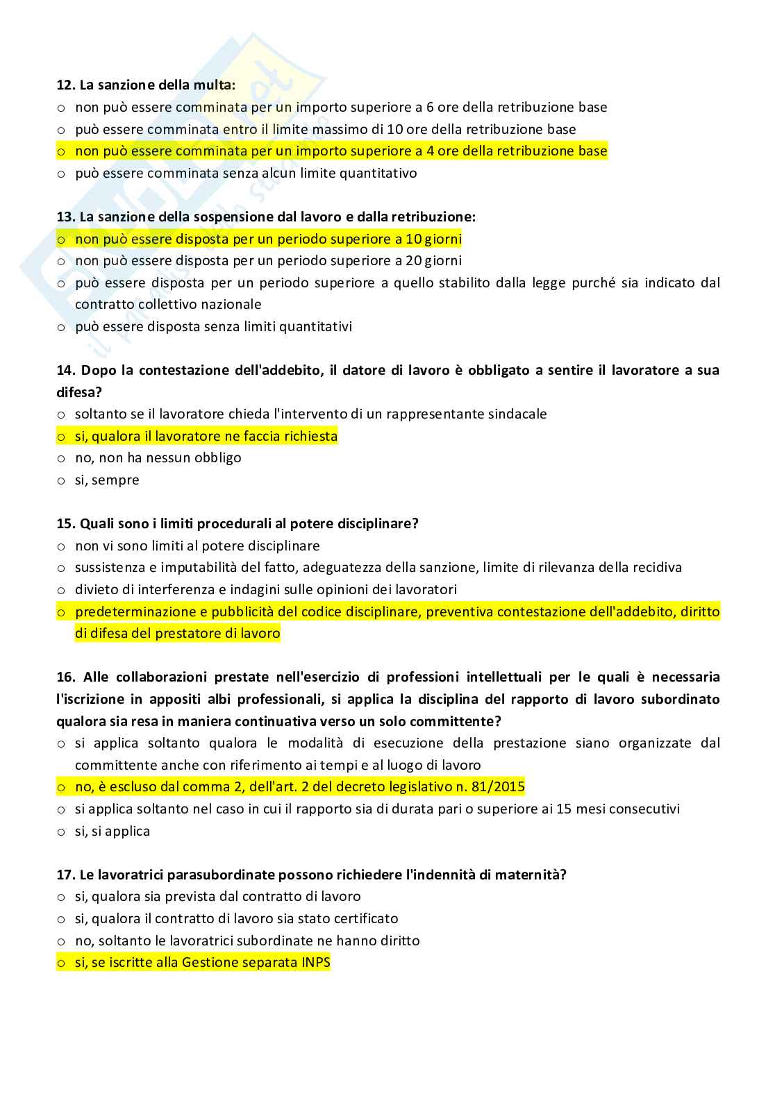 Paniere compilato con risposte chiuse di diritto del lavoro Pag. 16