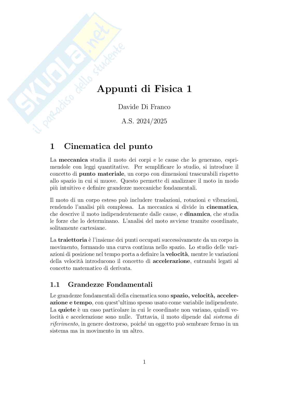 Appunti completi di Fisica: cinematica, dinamica e corpo rigido (teoria e formule) Pag. 1