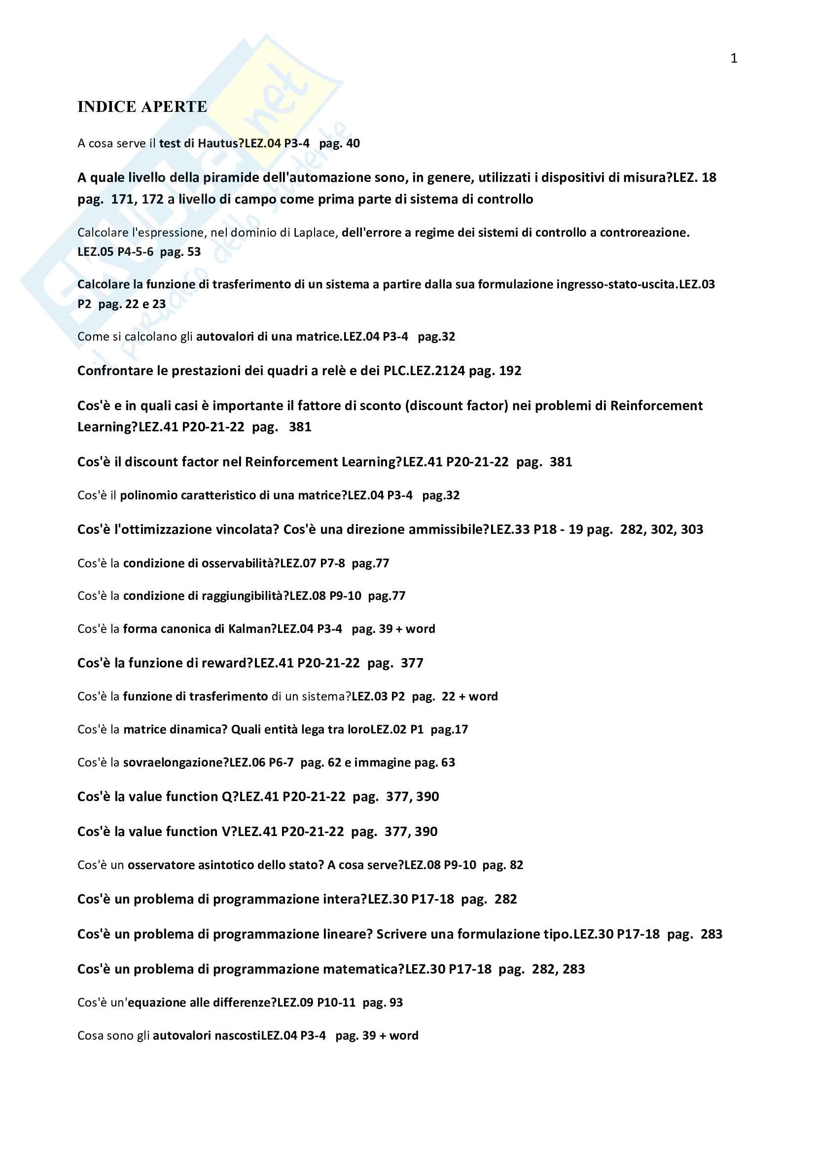 Sistemi Di Controllo Avanzati - Domande aperte svolte e riviste Pag. 1