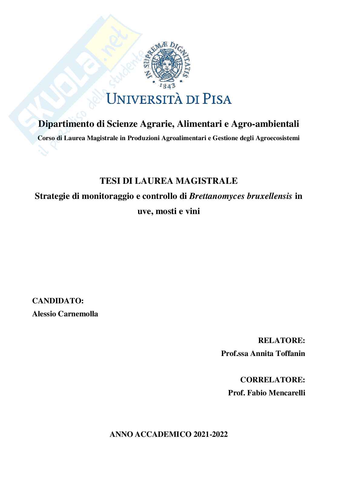 Strategie di monitoraggio e controllo di Brettanomyces bruxellensis in uve, mosti e vini Pag. 1