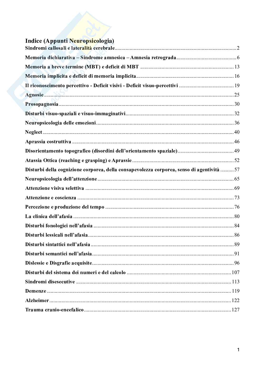 Riassunto esame Neuropsicologia, Prof. Doricchi Fabrizio, libro consigliato Manuale di neuropsicologia, Pizzamiglio Pag. 1