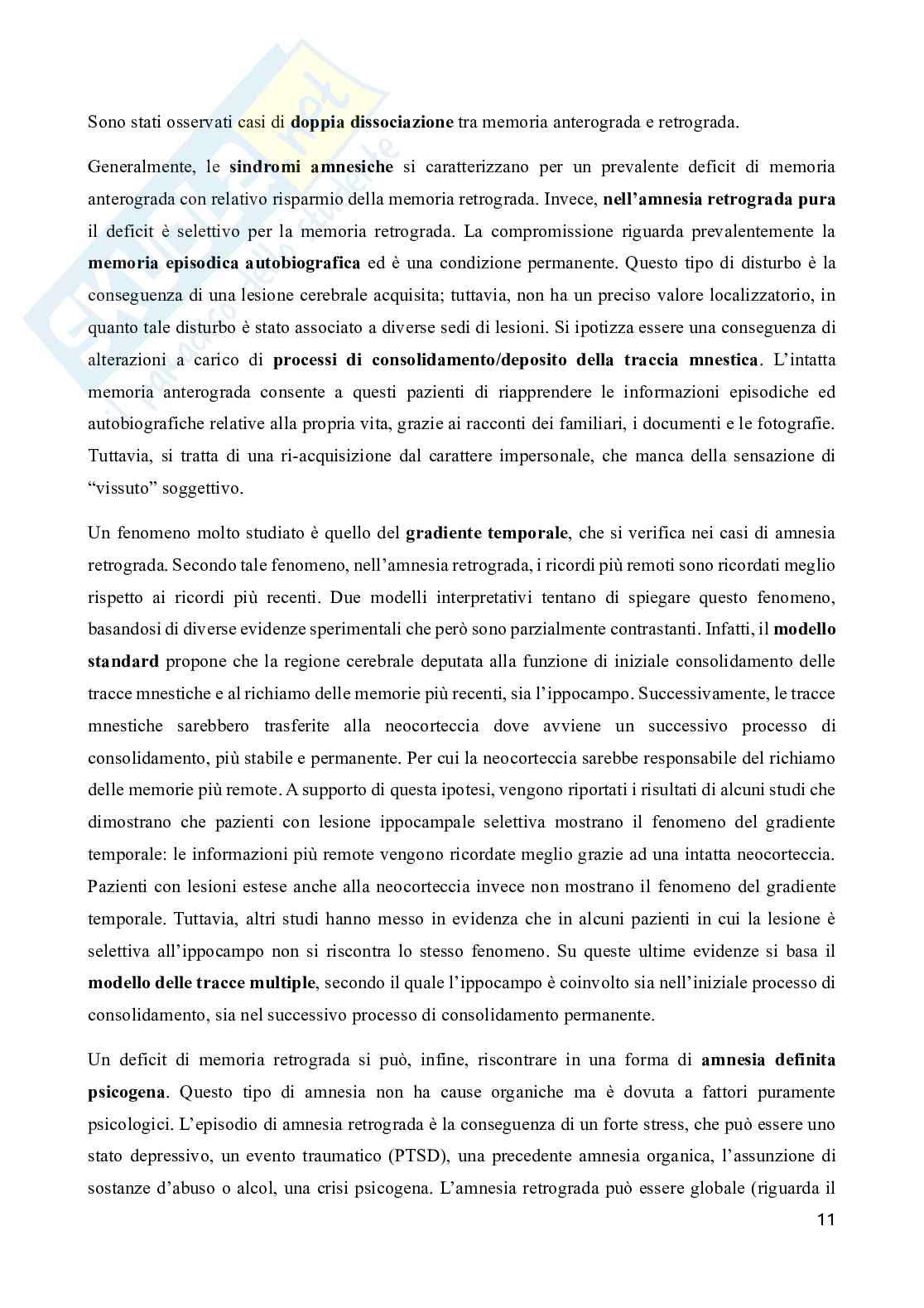 Riassunto esame Neuropsicologia, Prof. Doricchi Fabrizio, libro consigliato Manuale di neuropsicologia, Pizzamiglio Pag. 11