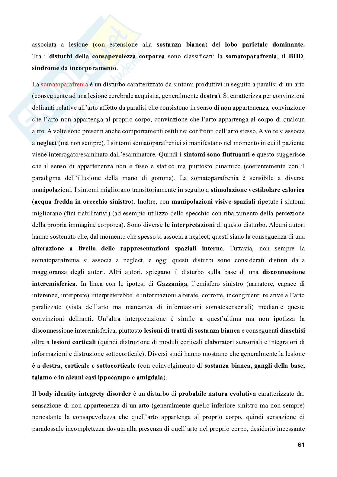 Riassunto esame Neuropsicologia, Prof. Doricchi Fabrizio, libro consigliato Manuale di neuropsicologia, Pizzamiglio Pag. 61