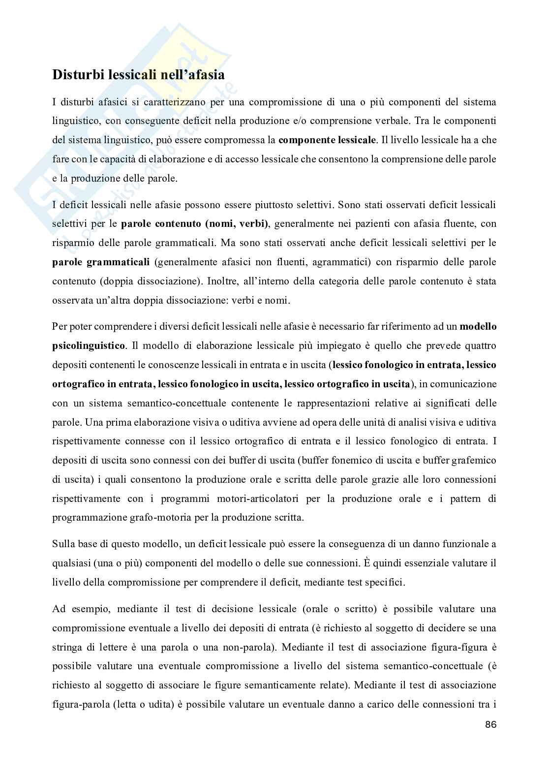 Riassunto esame Neuropsicologia, Prof. Doricchi Fabrizio, libro consigliato Manuale di neuropsicologia, Pizzamiglio Pag. 86