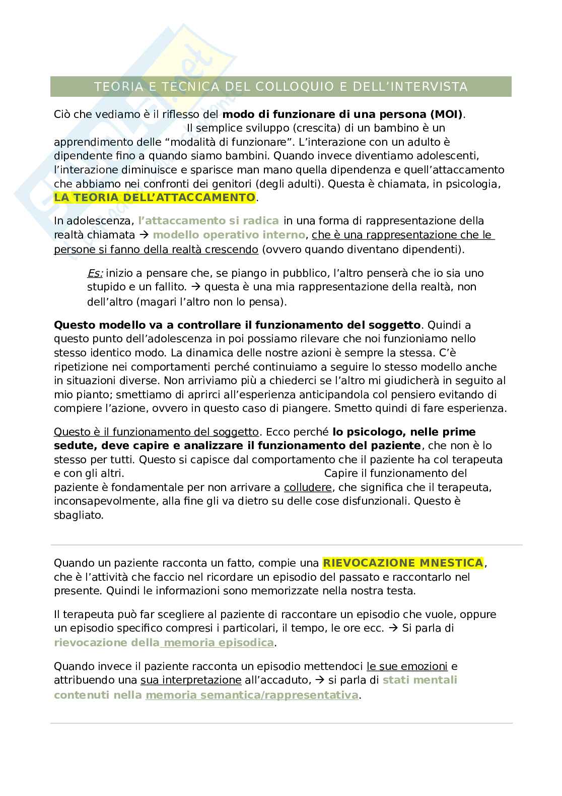 Appunti Teoria e tecnica del colloquio e dell'intervista Pag. 1
