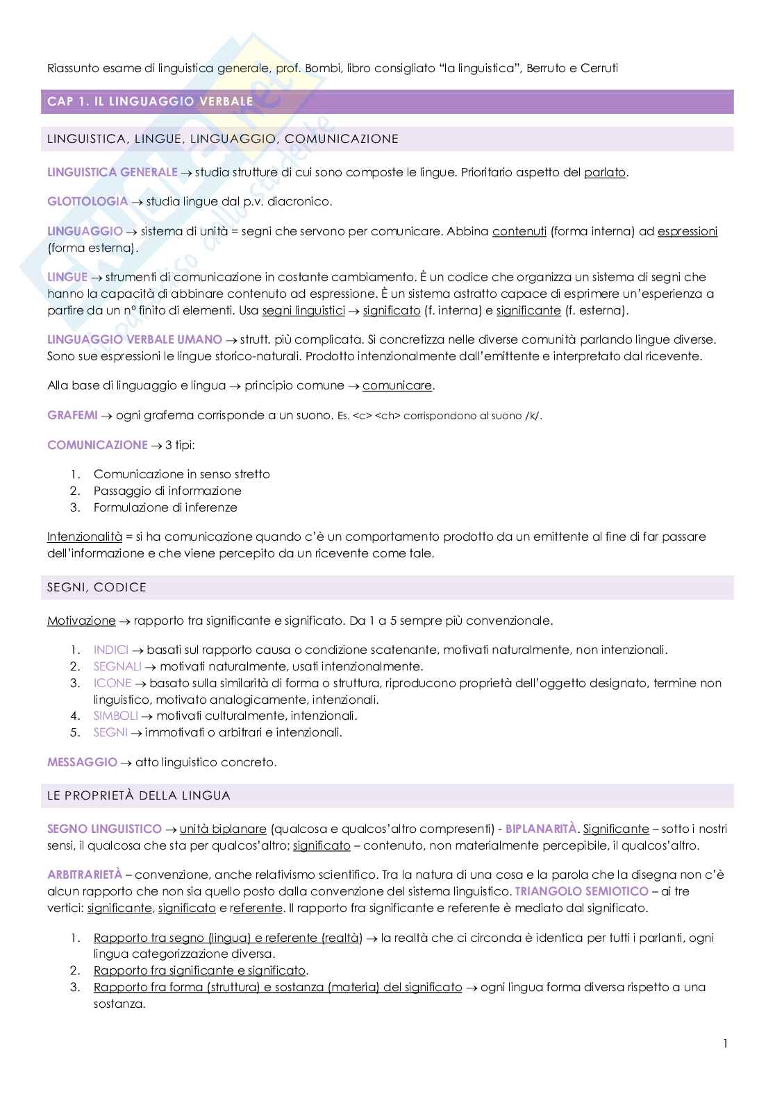 Riassunto esame Linguistica generale, prof. Bombi, libro consigliato La linguistica, Berruto e Cerruti Pag. 1