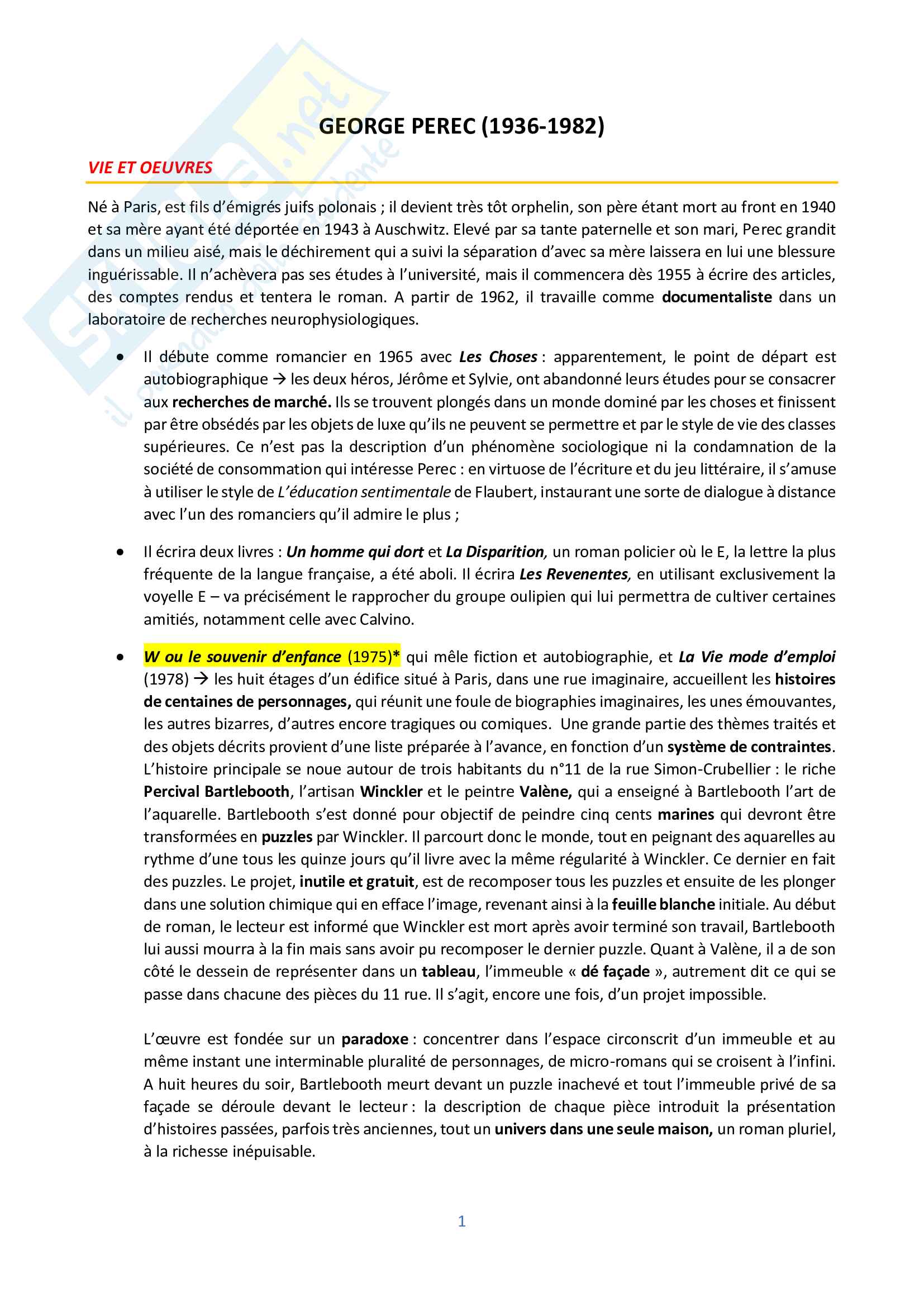 Appunti (in francese) George Perec, Oulipo e W ou le souvenir d'enfance - Letteratura francese Pag. 1