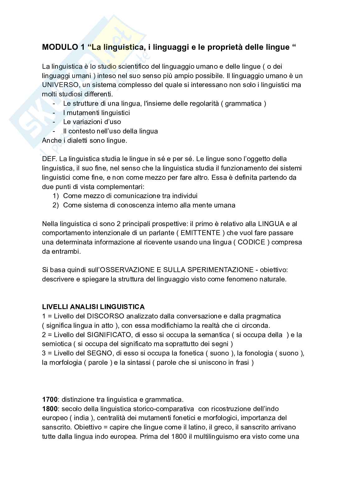 Appunti completi di Fondamenti di Linguistica, libro consigliato: Introduzione alle scienze del linguaggio, Arcodia, Panunzi Pag. 1