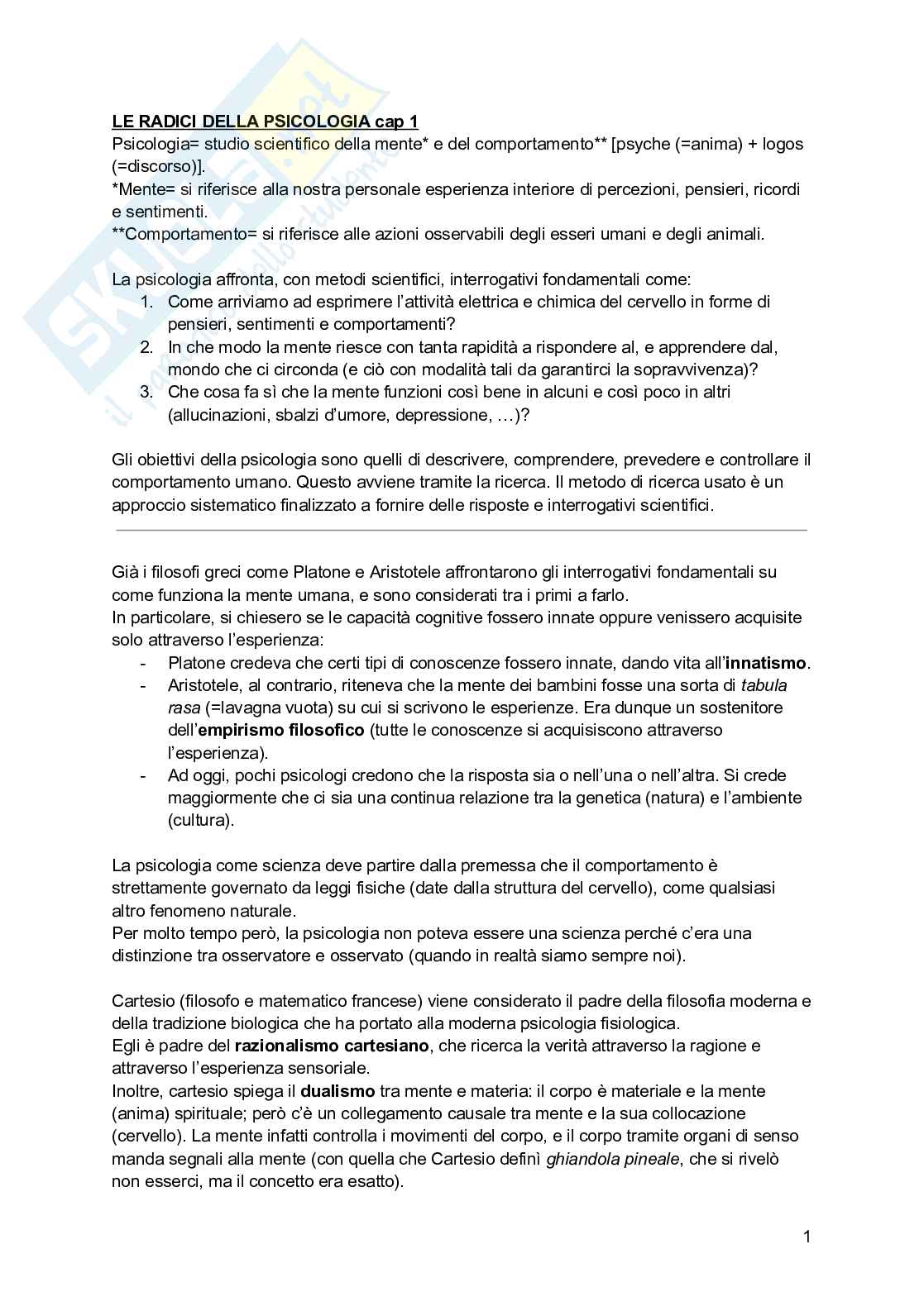 Riassunto esame Psicologia generale, Prof. Arduino Lisa, libro consigliato Psicologia generale; Psicologia della personalità e delle differenze individuali, Schacter, De Beni Pag. 1