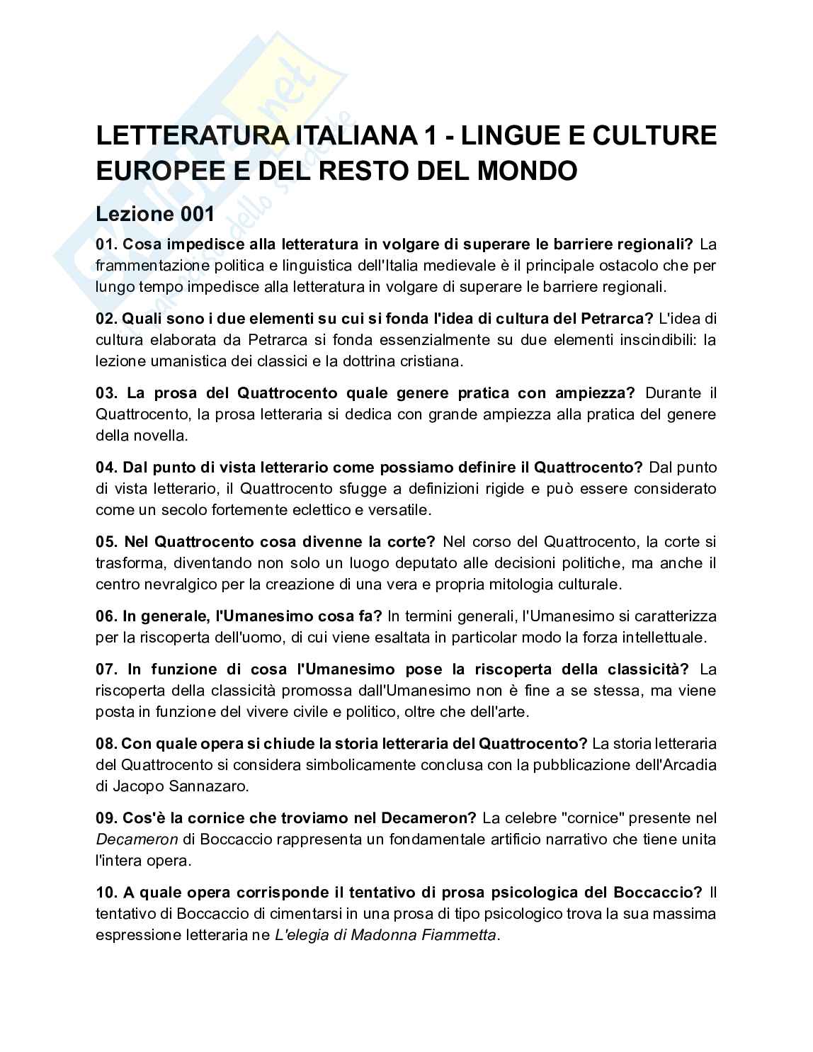 Letteratura italiana 1 - Lingue e culture europee e del resto del mondo Pag. 1