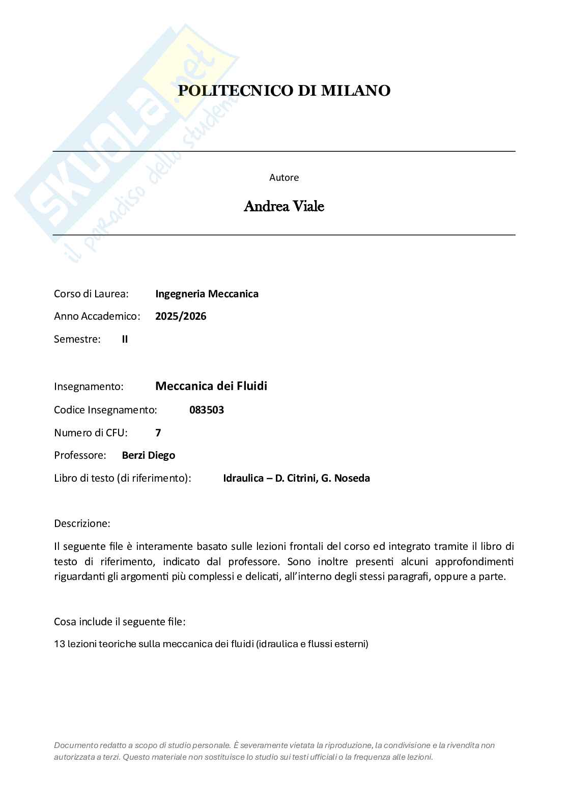 Appunti completi lezioni di Meccanica dei fluidi Pag. 1