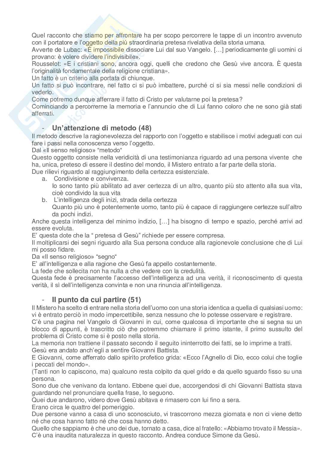 Riassunto esame Teologia I, Prof. Carron Julian, libro consigliato Il senso religioso e L'origine della pretesa cristiana, Giussani Pag. 16