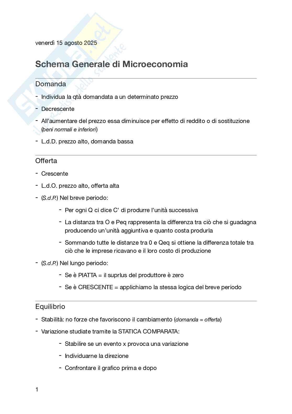 Schema di Microeconomia per Istituzioni di economia politica Pag. 1