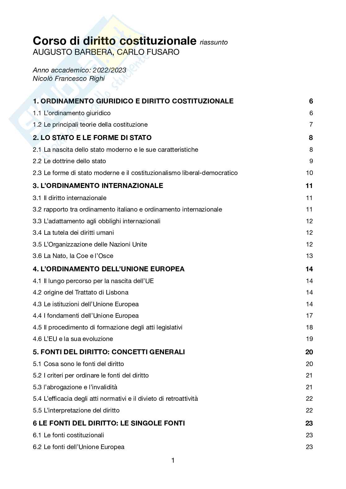Riassunto esame Diritto Costituzionale, Prof. Paletta Angelo, libro consigliato Corso di Diritto Costituzionale, Barbera e Fusaro Pag. 1