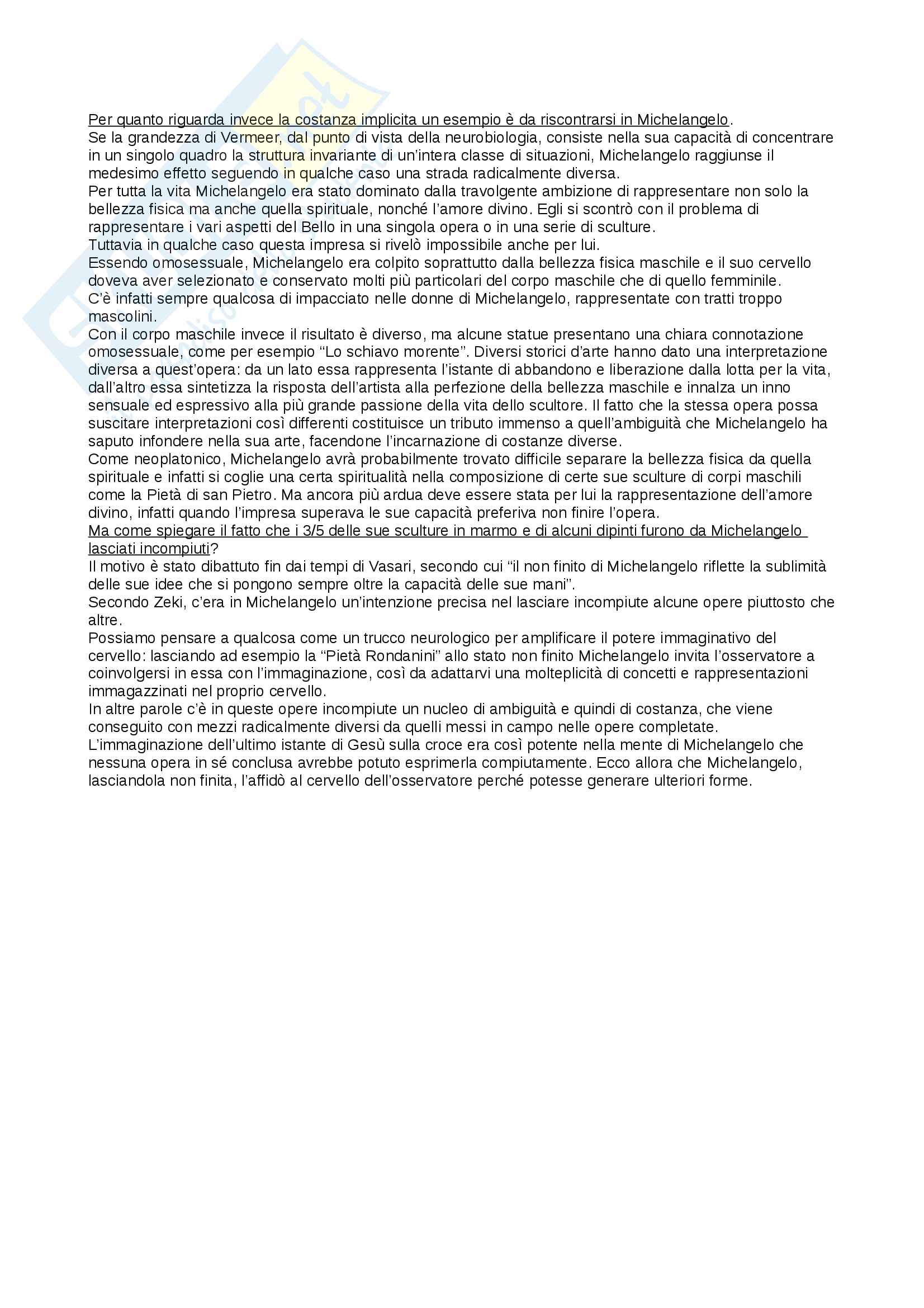 Riassunto esame psicologia dell'arte, prof Zavagno, libro consigliato La visione dall'interno, Zeki Pag. 6