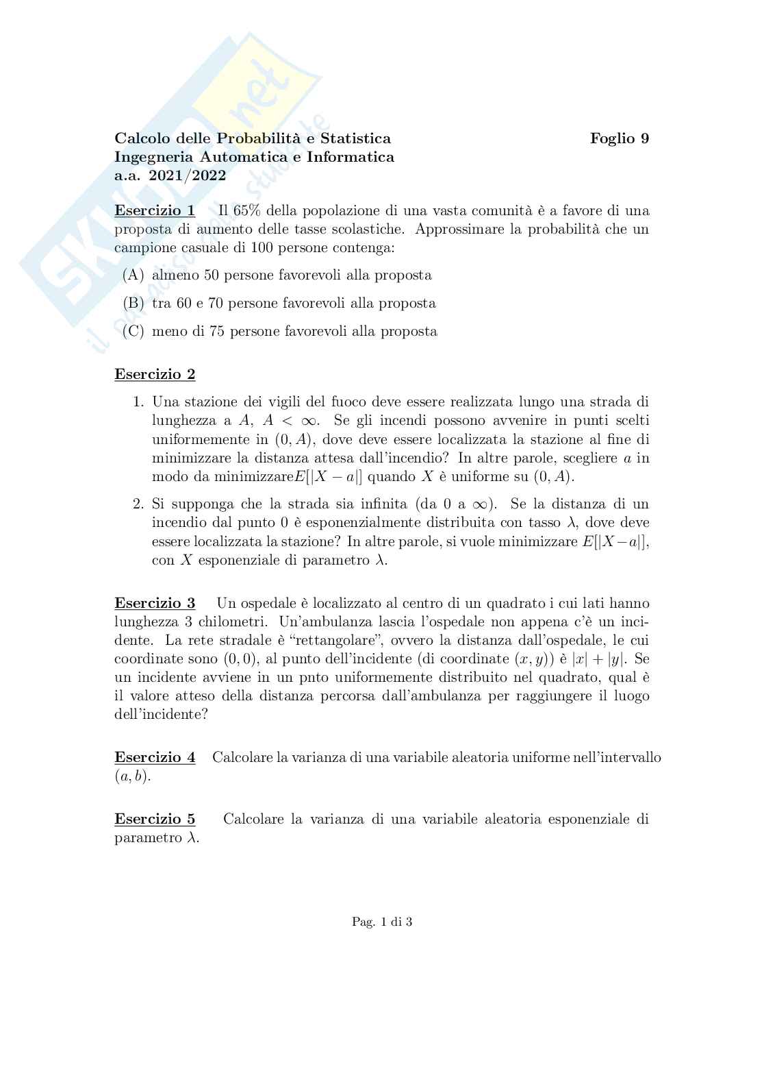 Esercitazione 9 Statistica e calcolo delle probabilità Pag. 1