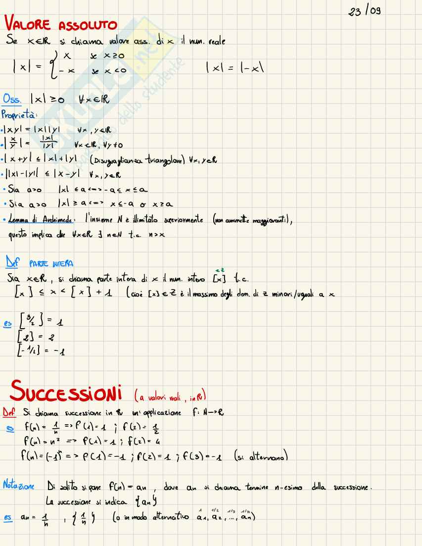 Appunti Analisi 1: teoria delle successioni, teoremi sui limiti e forme indeterminate Pag. 1