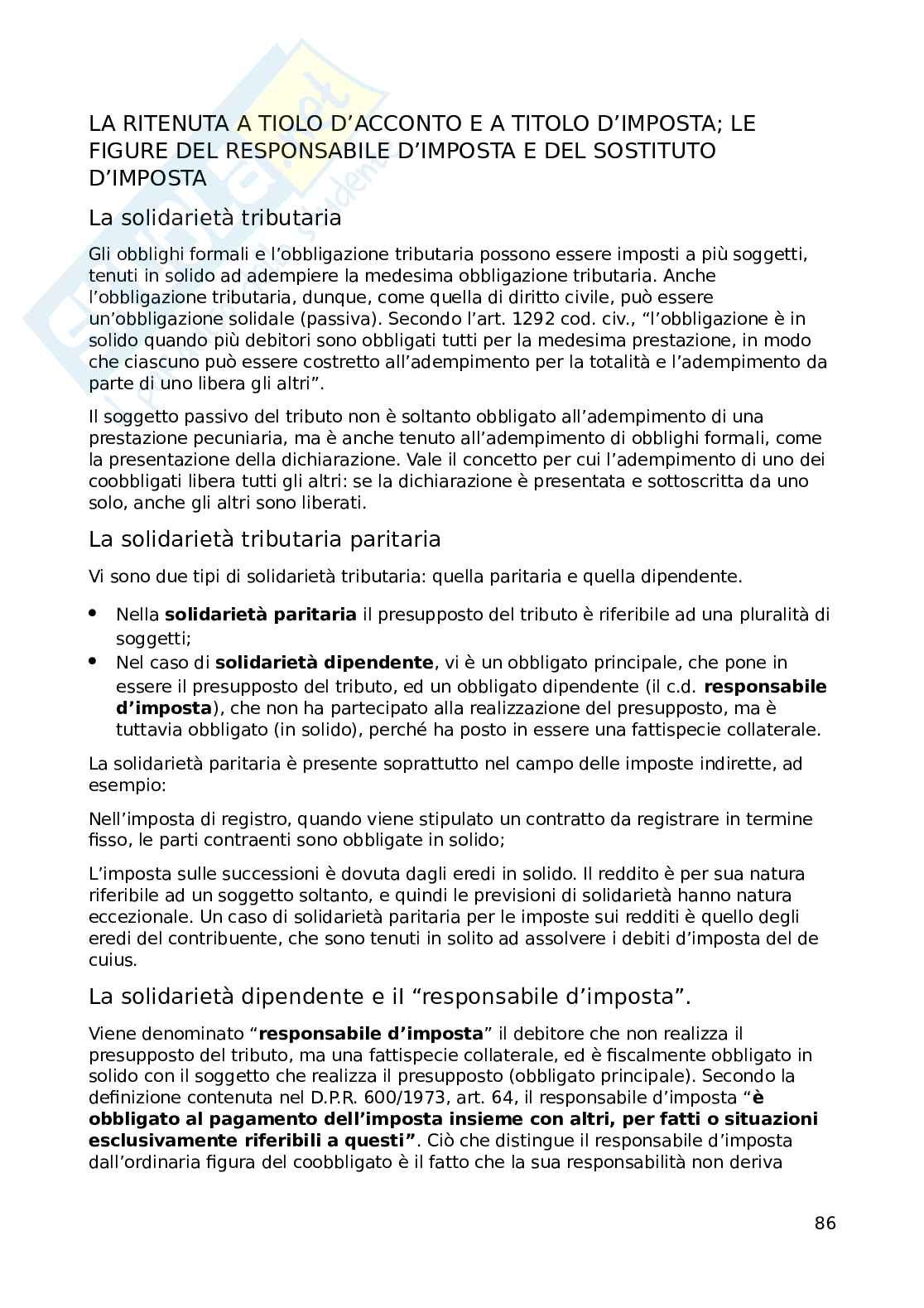 Riassunto esame Diritto tributario, Prof. Pierro Maria, libro consigliato Istituzioni di diritto tributario, Francesco Tesauro Pag. 86