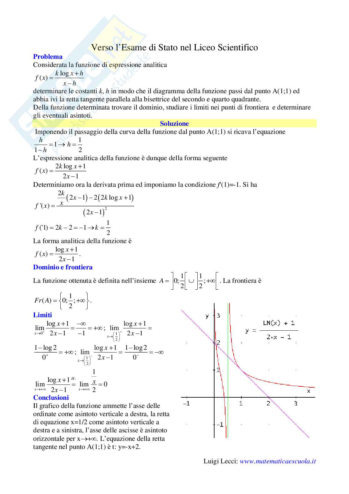 Studio di funzione: [math] f{{\left({x}\right)}}=\frac{{{k} \log{{x}}+{h}}}{{{x}-{h}}}[/math]  determinare h e k e studiare la funzione Pag. 1