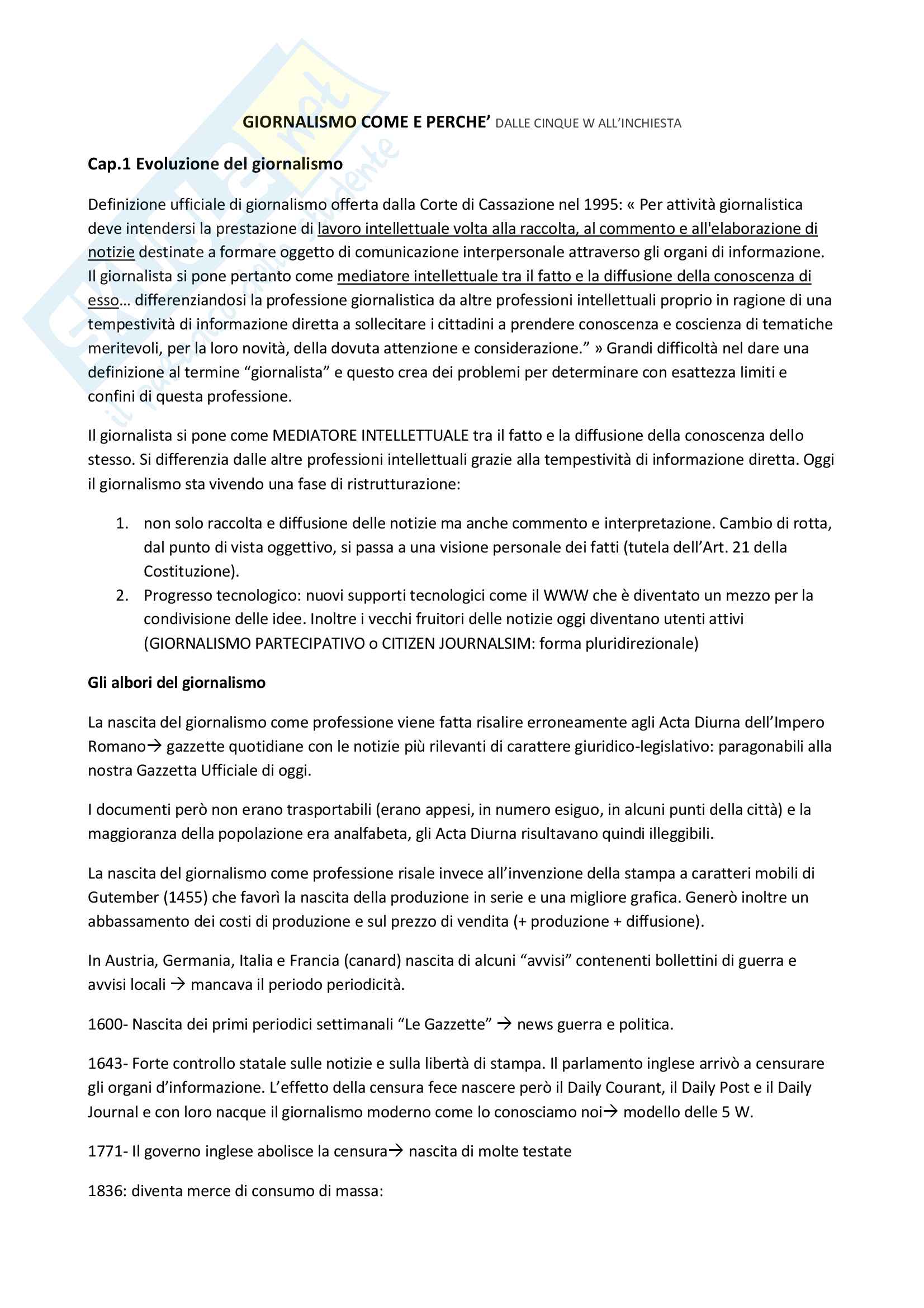 Riassunto esame Giornalismo, prof. Castiglia, libro consigliato Giornalismo come e perchè, dalle cinque W all'inchiesta, Castiglia Pag. 1