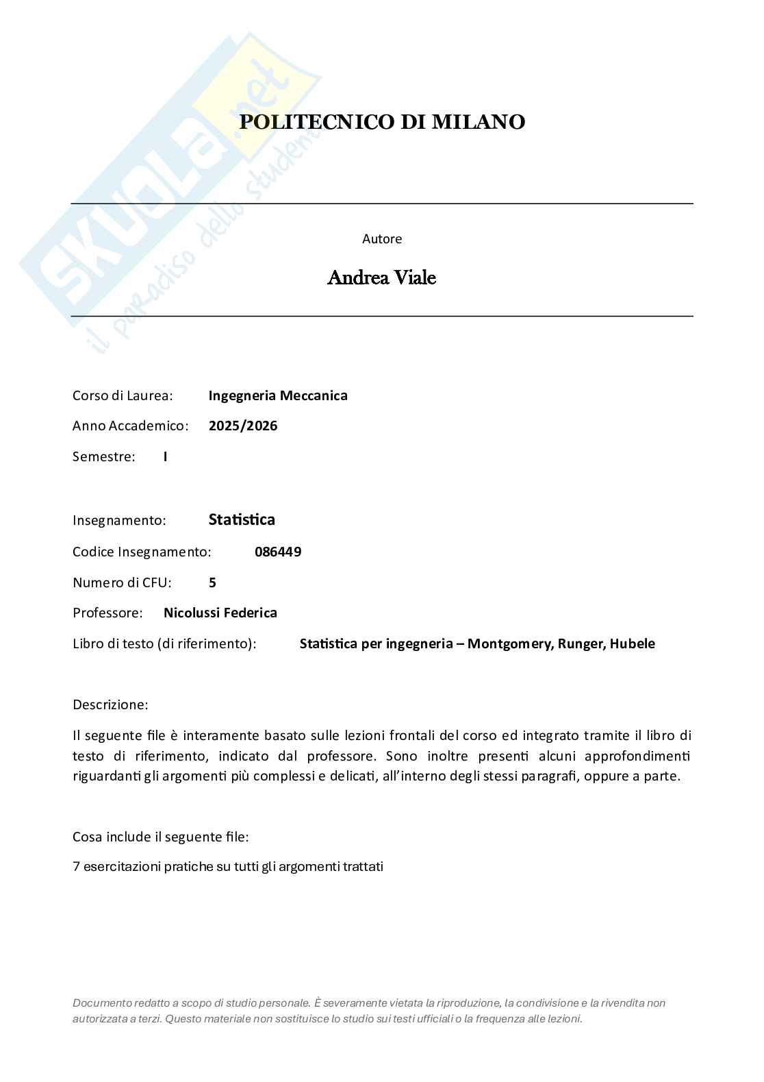 Esercizi svolti e prove d'esame di Statistica Pag. 1