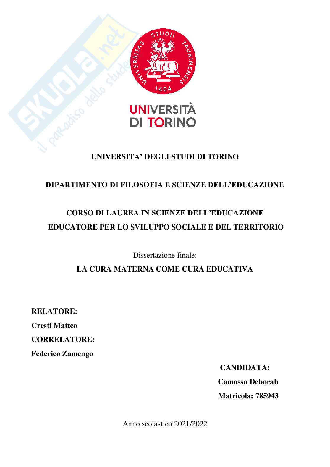 Cura materna come cura educativa Pag. 1