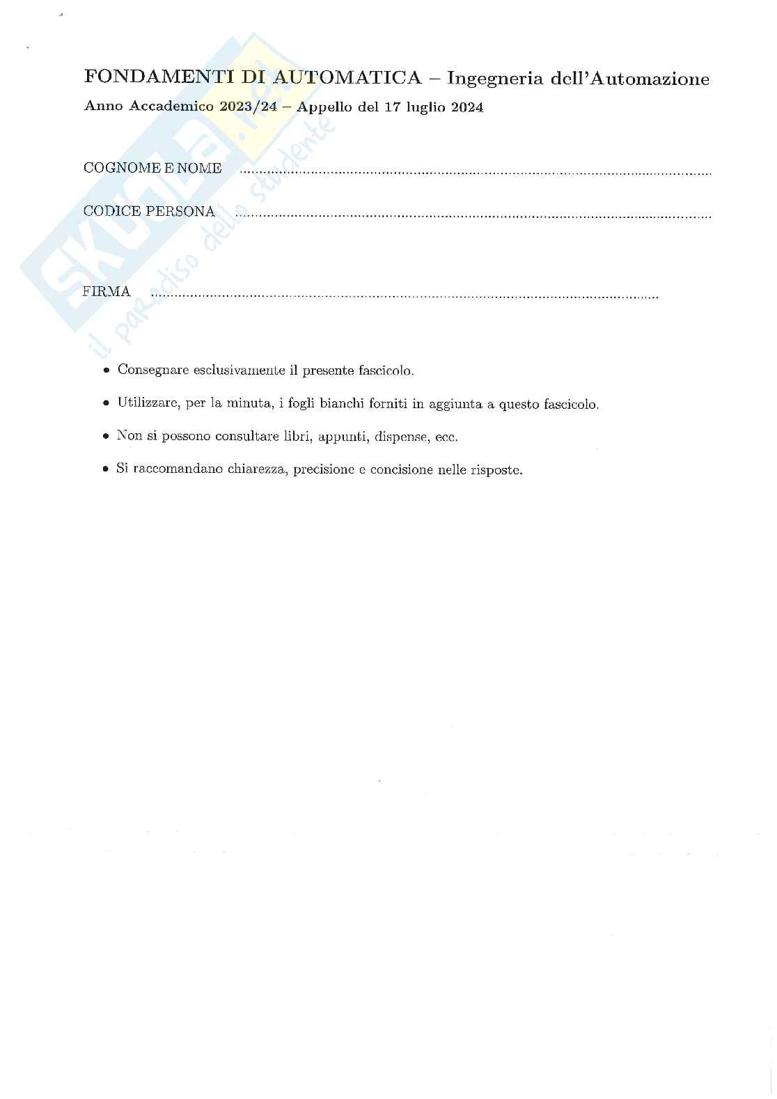 Esame svolto di Fondamenti di automatica Pag. 1