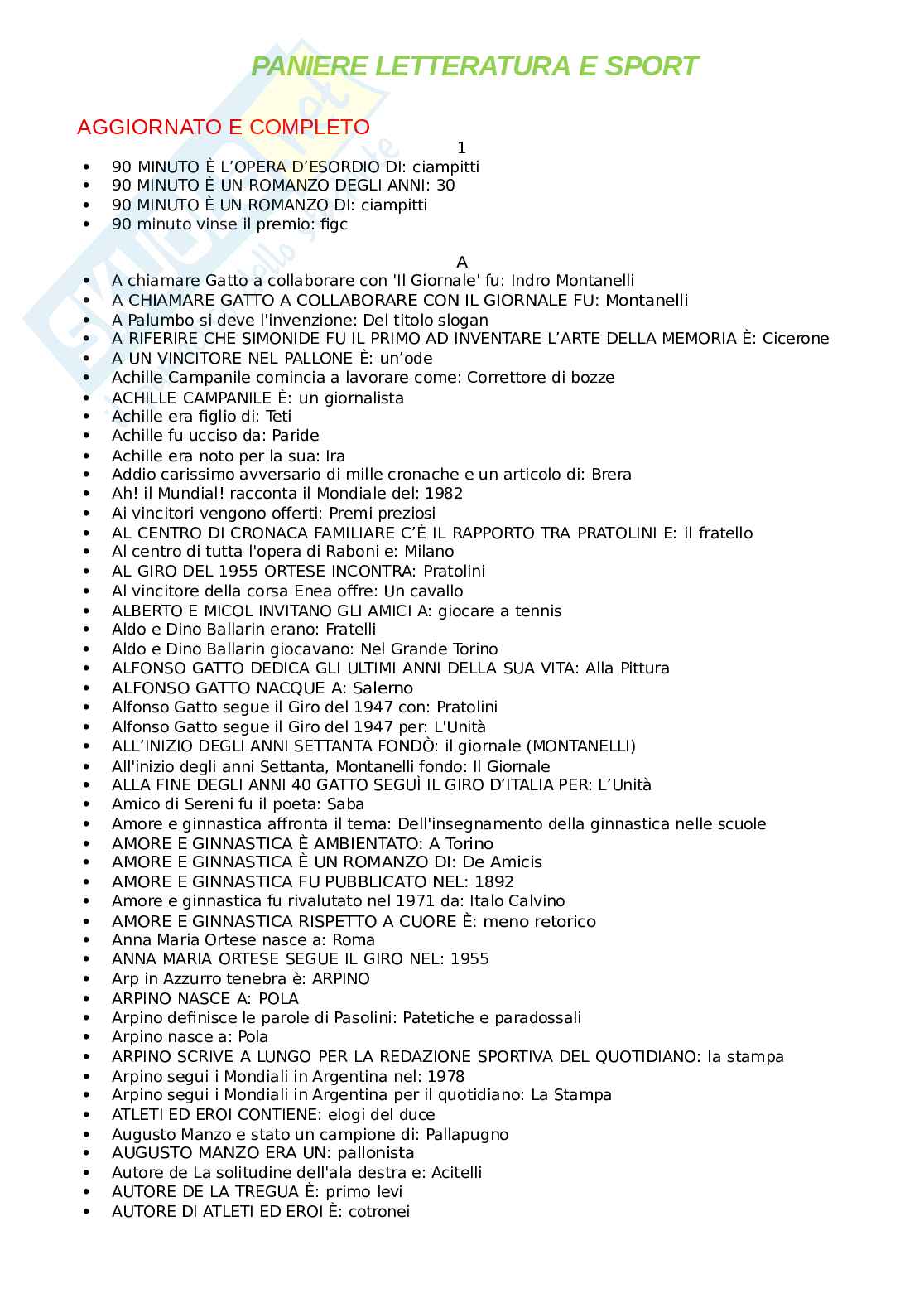 Paniere Letteratura e sport. Aggiornato e completo. In ordine Pag. 1