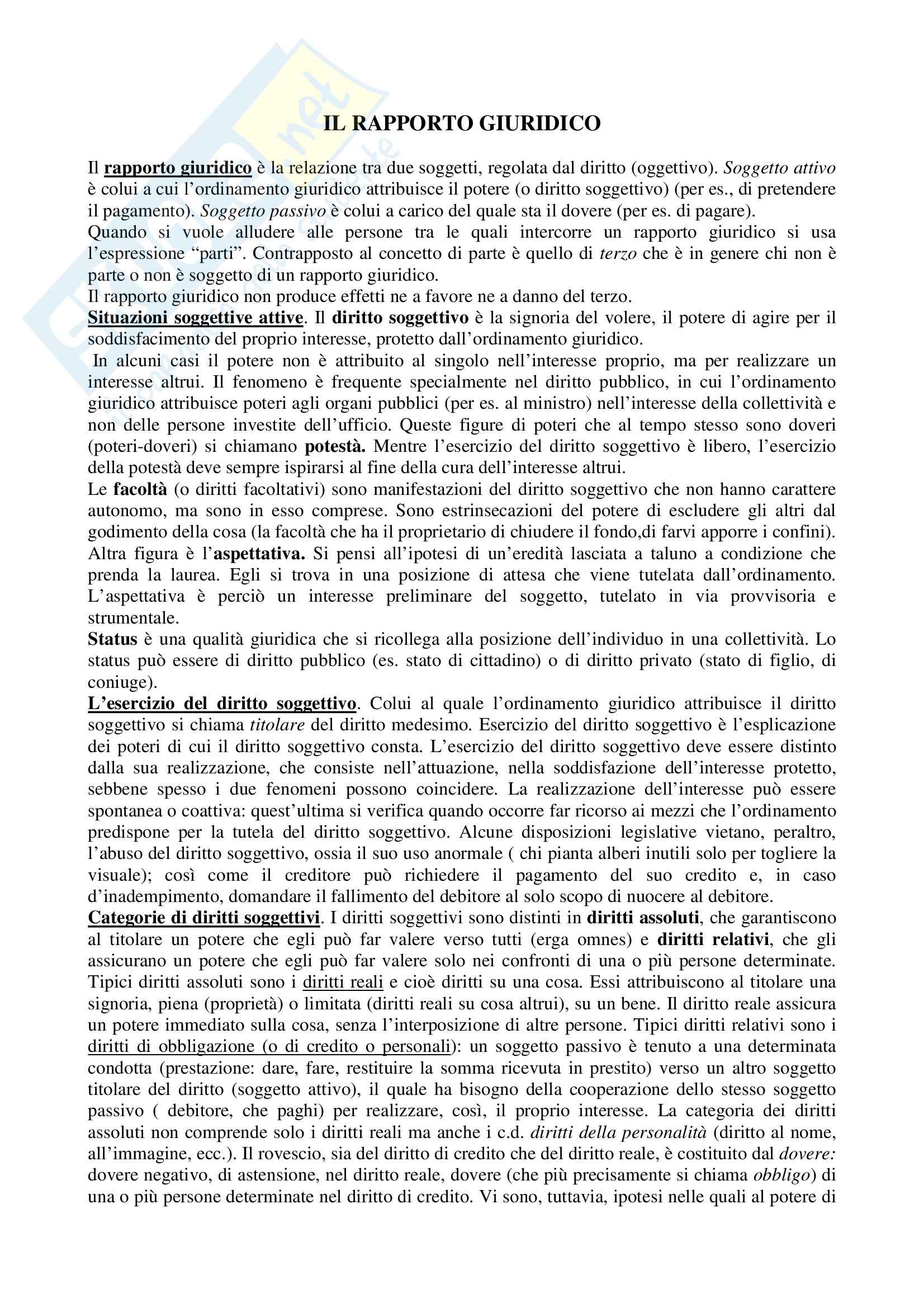 Diritto privato - il rapporto giuridico Pag. 1