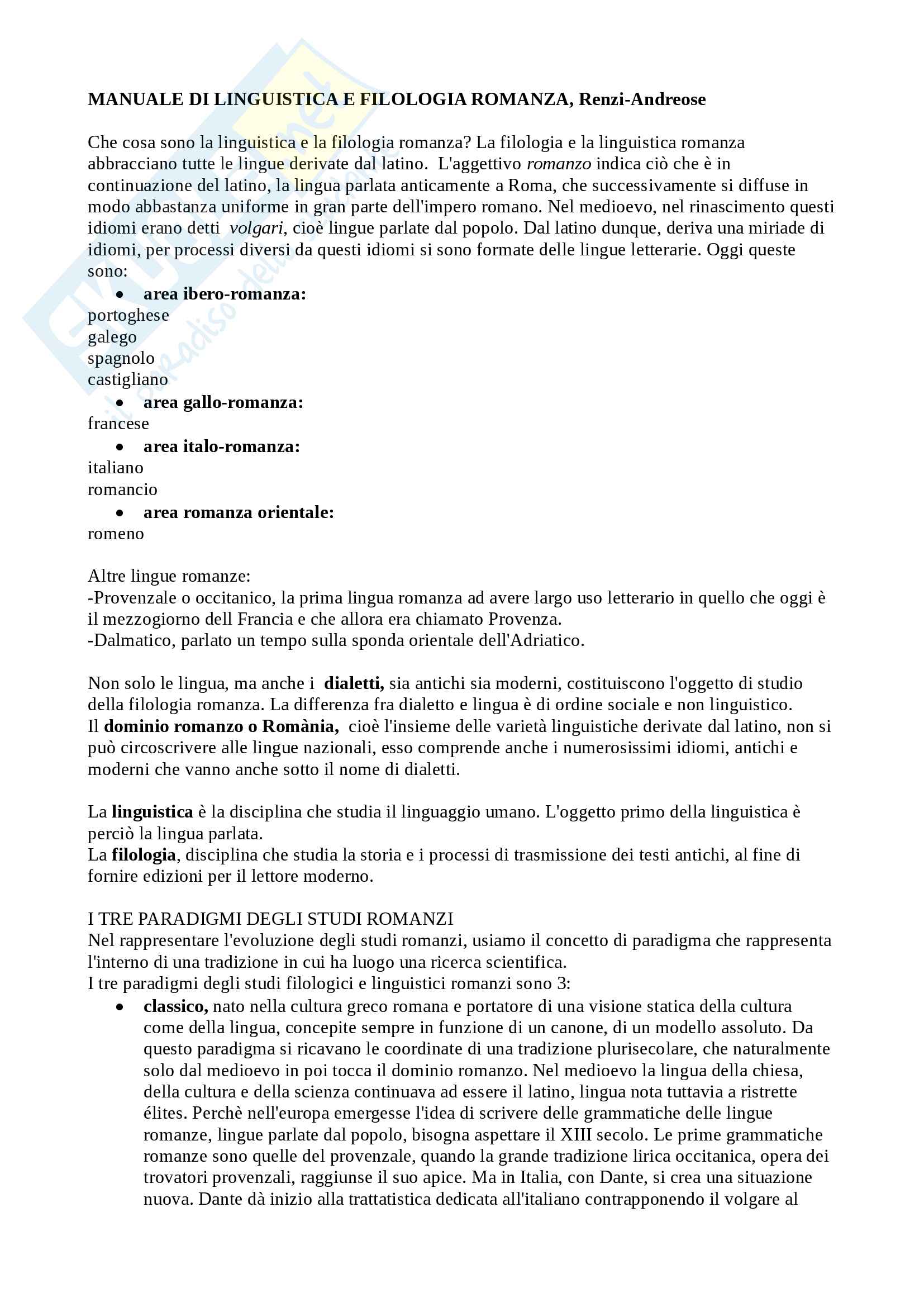 Riassunto esame Filologia Romanza, Cigni, libro consigliato Manuale di linguistica e filologia romanza, Renzi, Andreose Pag. 1