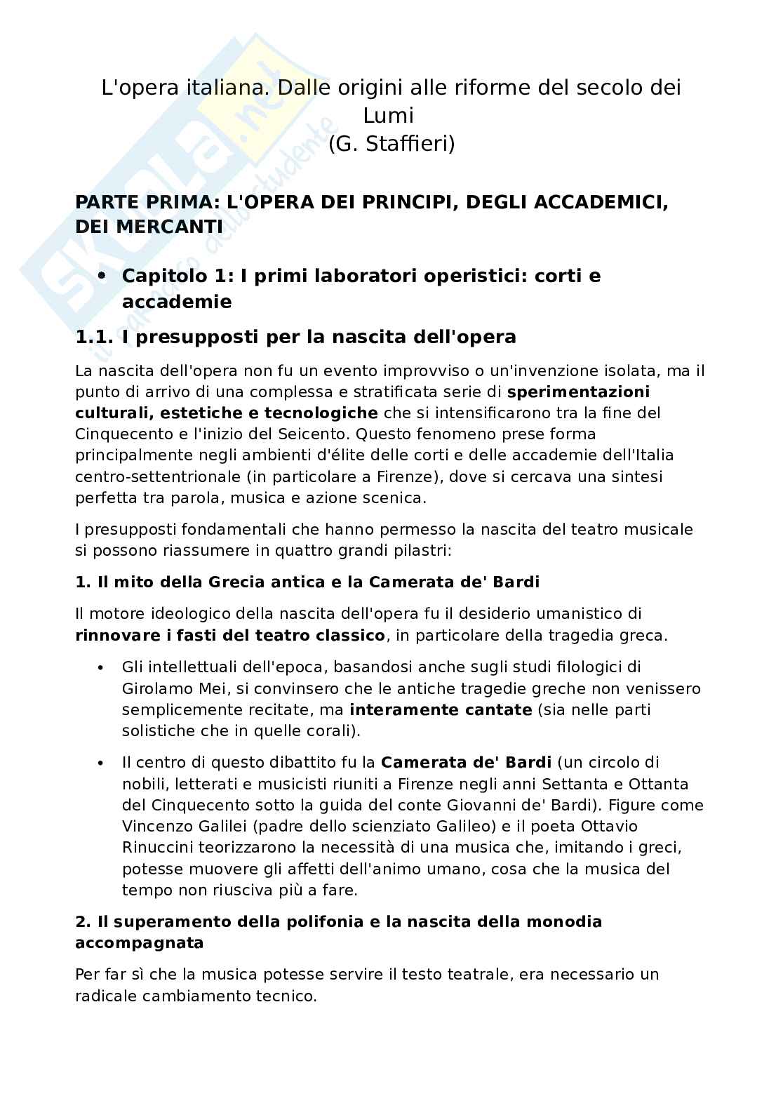 Riassunto esame Drammaturgia musicale, Prof. Fiore Angela, libro consigliato L'opera italiana. Dalle origini alle riforme del secolo dei Lumi , Staffieri Pag. 1