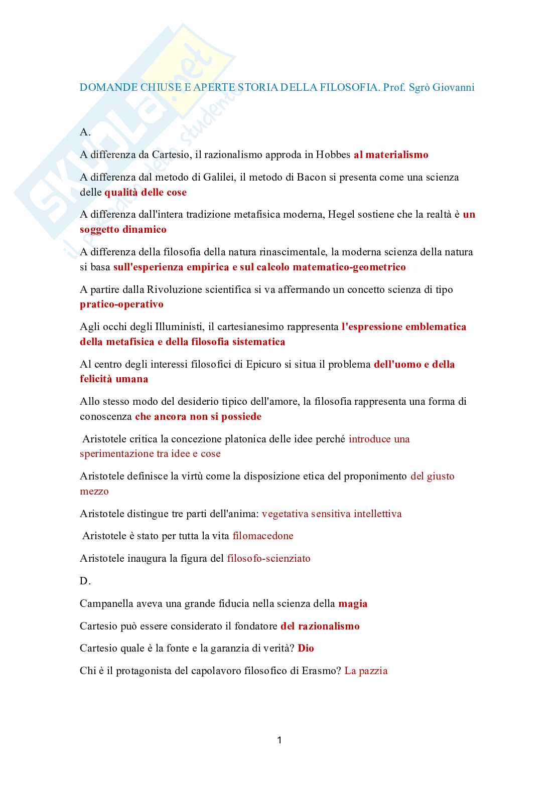 Paniere in ordine A-Z Storia della filosofia - Risposte multiple e aperte (2026) Pag. 1